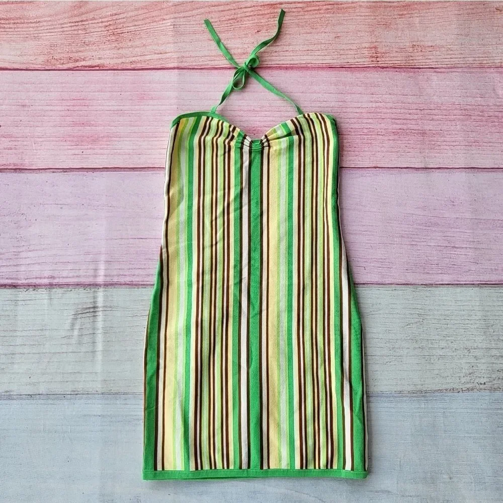 Aritzia Sunday Best Jett‎ Green Striped Halter Bodycon Knit Mini Dress Small